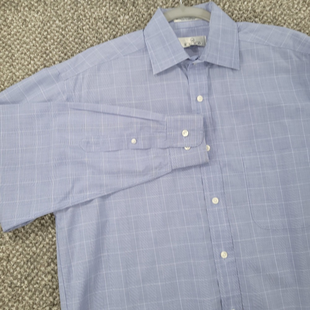Enro Mens Blue Glen Plaid Non-Iron Poplin Dress Shirt 15.5 32-33 Combed‎ Cotton